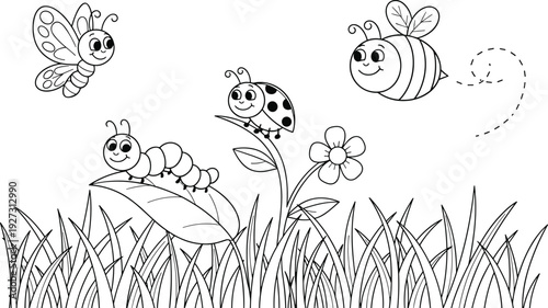 Playful garden illustration with smiling insects, butterfly, caterpillar, ladybug, bee, flower, and grass, perfect for children’s coloring activity