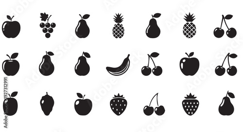 Collection of various fruit icons in black silhouette on Transparent Background for design use
