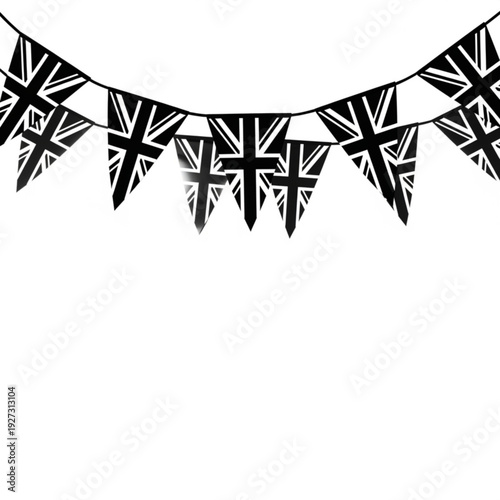 A string of Union Jack flags hanging from a cord, symbolizing celebration and national pride in a festive atmosphere viewed from a straightforward angle