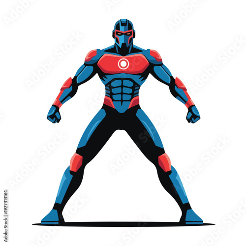 Muscular superhero in blue and red costume standing powerfully