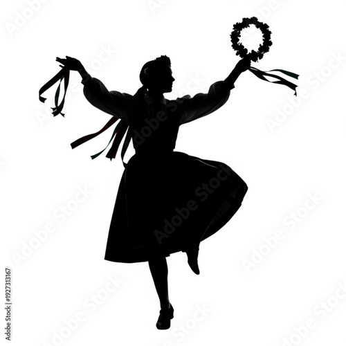 A young woman dancing with ribbons and a wreath in a festive celebration scene viewed from the side