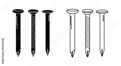 Black and white illustration of nails with varying designs silhouette