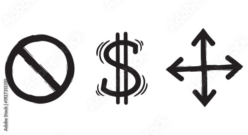 Black vector icons of forbidden sign, dollar symbol with motion lines, and arrows pointing in four directions.