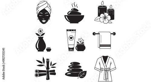 Spa and wellness icons including bathrobe, towels, and skincare products for relaxation and self care