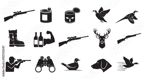 Black silhouettes of hunting icons including guns, boots, and wildlife on Transparent Background.