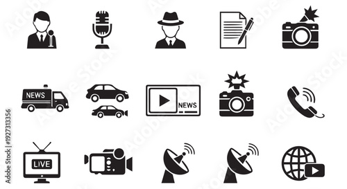 Collection of black and white news and media icons, including people, vehicles, cameras, and broadcasting symbols.