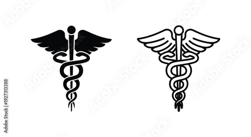 Two caduceus symbols one black and one white with bold lines silhouette
