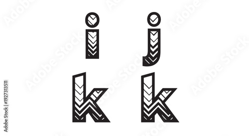 Set of modern abstract letters i, j, k with creative geometric patterns and designs
