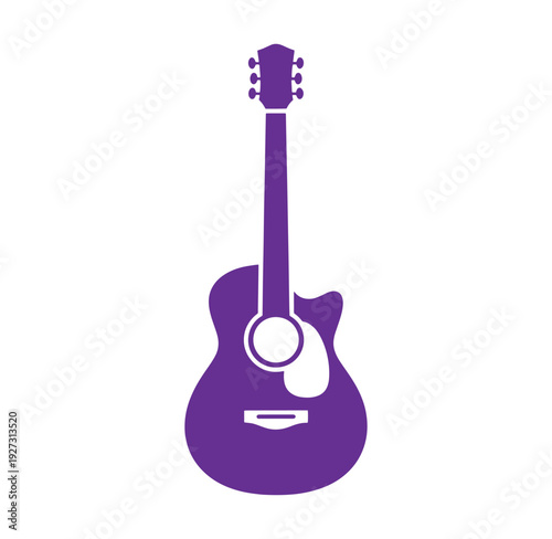 Purple acoustic guitar silhouette isolated on white background