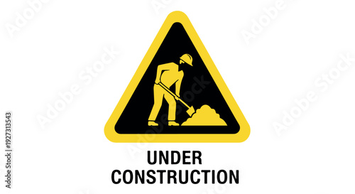 Under construction road sign with worker silhouette on Transparent Background, warning of ongoing building work.