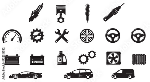 Black icons of car parts and vehicles on Transparent Background, automotive symbols.