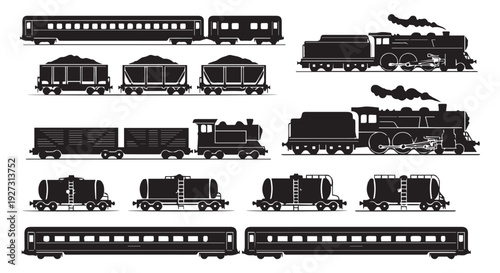 Collection of various vintage train silhouettes in black