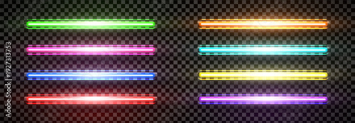 Realistic led neon horizontal tube light big pack isolated on transparent background. Cyan, green yellow, orange, blue purple, yellow and red detailed light. Vector illustration
