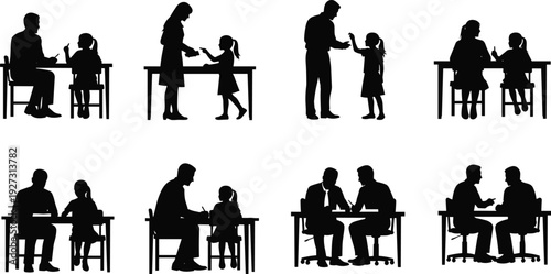 Black silhouette vector icons set of professional people and children in meetings sitting at desks or standing talking for education business mentoring and teamwork.