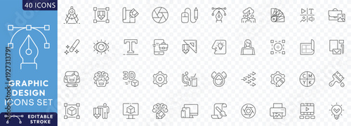Graphic Design icon set. Contains such icons as Creativity, Layout, Mobile App Design, Art Tools, Drawing Tablet, Typography, Etc. Fully Editable. Vector illustration. Editable stroke.