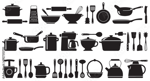 Collection of kitchen utensils and cookware in black silhouette on Transparent Background for cooking and recipe design
