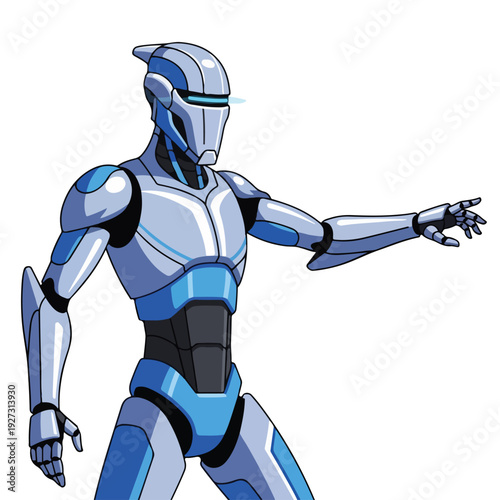 Robot character with blue and silver metallic body pointing sideways