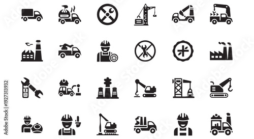 Collection of construction and industry icons in black silhouette style on Transparent Background