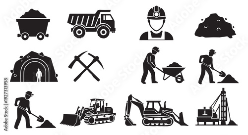 Black silhouettes of mining workers and construction equipment on Transparent Background icons