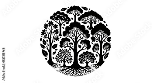 Black silhouette illustration of trees forming a circle for World Forest Day or International Day of Forests with a natural design element.