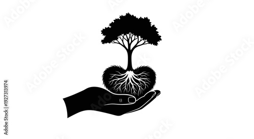 Black silhouette illustration of a hand holding a heart-shaped tree symbolizing World Forest Day and the importance of preserving the natural forest ecosystem