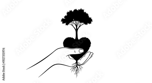Black silhouette illustration of a hand cradling a tree in a heart-shaped pot, symbolizing World Forest Day and the importance of forest ecosystems on a white background.
