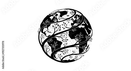 Black silhouette illustration of a globe with forest elements for World Forest Day or International Day of Forests, symbolizing global nature and the forest ecosystem.