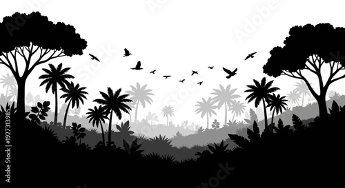 Black silhouette illustration of a forest landscape with trees, palm trees, and birds flying over a natural forest ecosystem on World Forest Day, symbolizing the international event and day