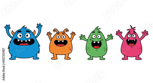 Four colorful cartoon monsters waving with big eyes and smiles on Transparent Background