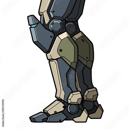 Robot leg in futuristic metallic armor standing on white background