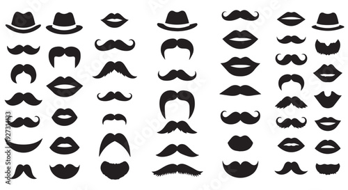 Collection of various black silhouette hats, mustaches, and lips on Transparent Background for graphic design