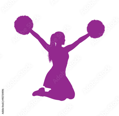 purple silhouette of a cheerleader kneeling and holding pom poms up in the air