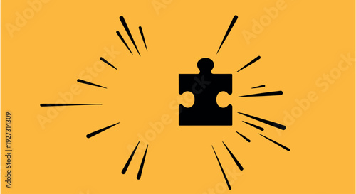 A black puzzle piece surrounded by dynamic lines on a vibrant orange background, symbolizing problem solving and inspiration.