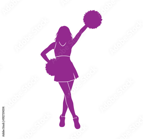 purple silhouette of a cheerleader with pom poms on white background