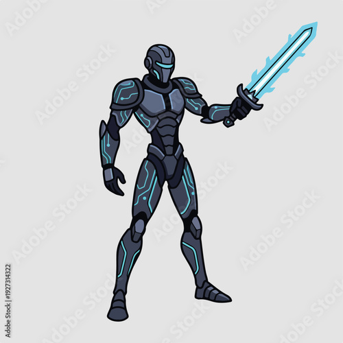 Futuristic robot character with glowing blue sword in hand standing strong