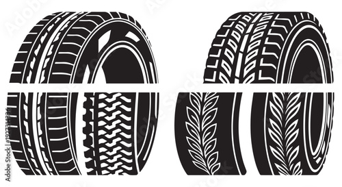 Four different tire types and tread patterns on Transparent Background, automotive illustration