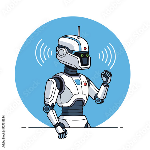 Cartoon robot character communicating with sound waves emission