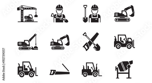 Collection of construction equipment and worker icons in black silhouette on Transparent Background