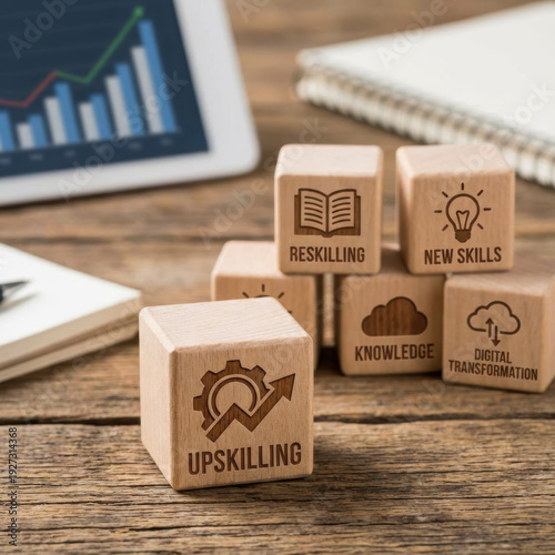 Upskilling leadership skill success career employee development training growth business improvement concept with wooden cube block on office desk Upskilling and skill development growth