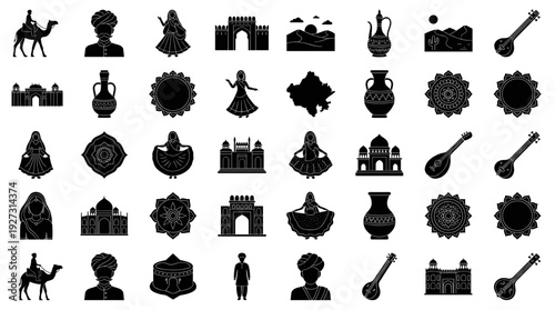 Huge vector collection of Rajasthan silhouette icons including traditional dance, desert camels, historical forts, cultural music instruments, and decorative mandala elements.
