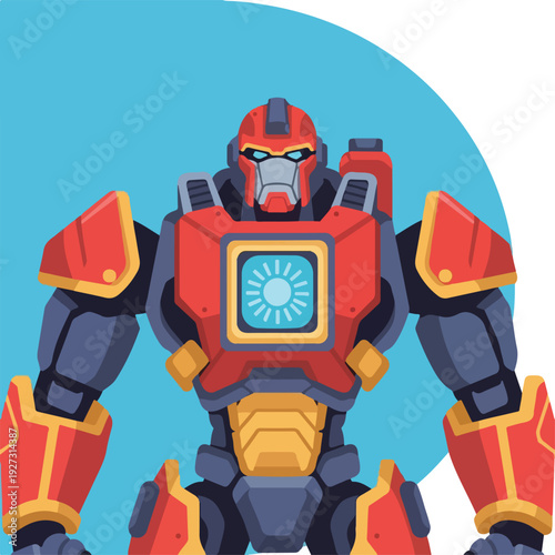 Robot with glowing blue screen on chest standing strong