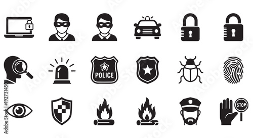 Black icons of crime, security, and investigation on Transparent Background, police and detective symbols.
