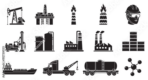 Industrial icons set including oil rig, factory, and transportation elements, symbolizing energy production and industrial processes.