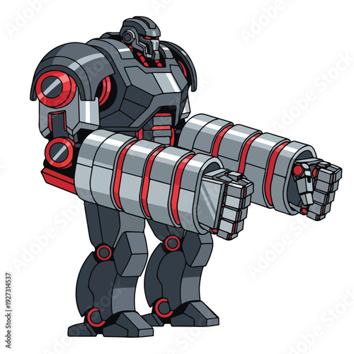 Futuristic robot with large gun standing on white background