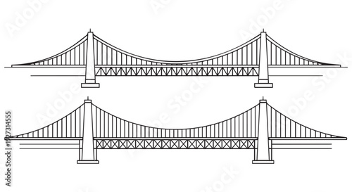 Detailed engineering drawings of a suspension bridge, showcasing structural design and architecture.
