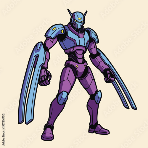 Cartoon robot character with purple and blue armor and large claws standing confidently