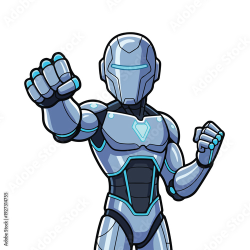 Cartoon robot in silver and blue armor with glowing accents standing strong