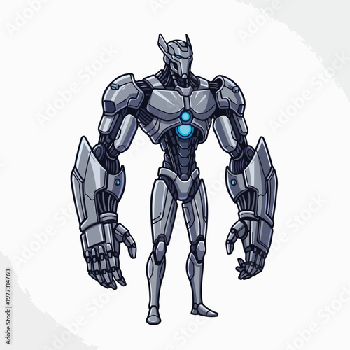 Robot with glowing blue chest standing in futuristic stance