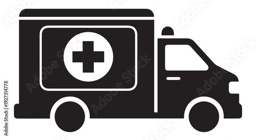 Black silhouette of a medical ambulance truck with a red cross on the side, emergency vehicle icon