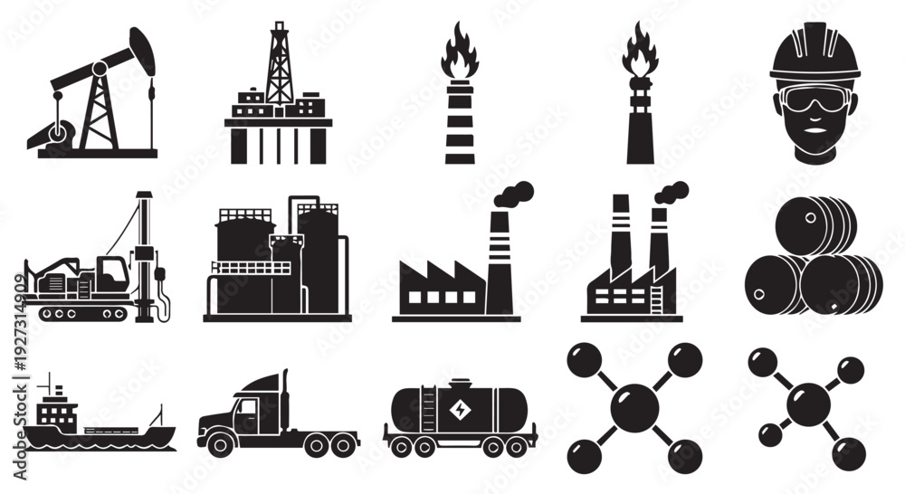 Obraz premium Collection of black icons depicting various industrial and petroleum related objects and symbols.